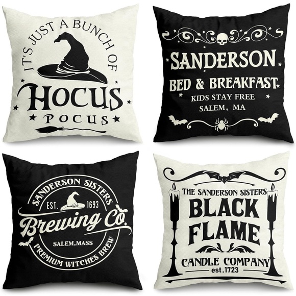 Hocus Pocus Pillow Covers Halloween Black White 18x18 4 Set Couch Sofa Decor SL5 - Picture 1 of 8